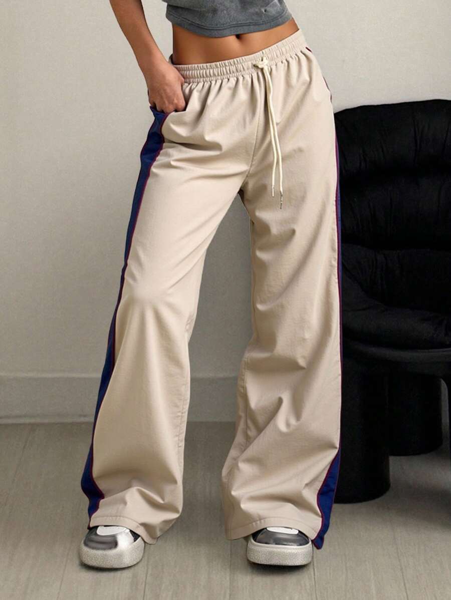 Flirla Side Contrast Decoration Wide Leg Pants - Brown - View 1
