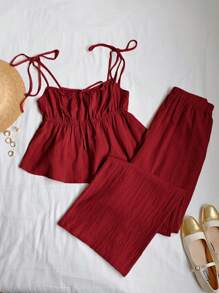 Comfortcana 夏季亚麻栗色背心和长裤套装 - 玫瑰紅 - 查看 2