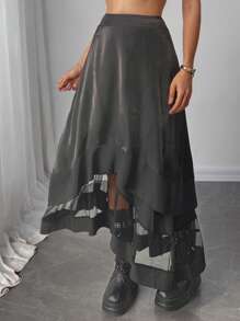 SHEIN Clasi 女式纯色网眼拼布不对称下摆半身裙