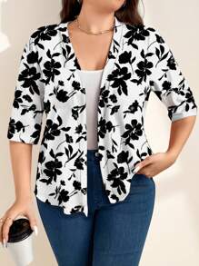 Chikora 大码优雅黑白印花前开式夹克，适合秋季教师、商务休闲女士 - 黑與白 - 查看 3
