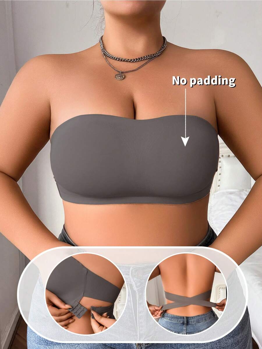 SHEIN Plus Size Women Strapless Criss-Cross Back Hook Closure Wireless Tube Top Camisole Bra - Grey - View 1