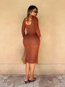 Zolique Women's Solid Color Round Neck 3/4 Sleeve Tie-Back Form-Fitting Long Dress Fall Cloth For Women