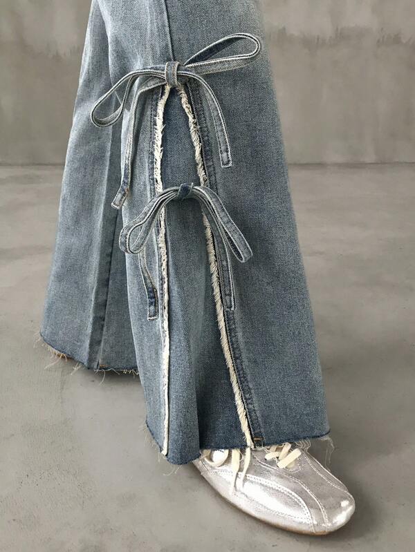 FRIFUL Women's Medium Wash Blue Bell Bottom Jeans With Drawstring Tie Bow Design, Loose Casual Flattering & Elongating Denim Pants, Suitable For Holiday, Airport Outfit