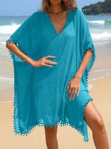 Swim Vcay Women's V-Neck Batwing Sleeve Loose Fitting Casual Dress For Summer Beach Vacation - Blue - View 5