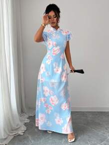 Elenzga Robe imprimée en mousseline asymétrique à col volant avec boutons à la taille et coupe évasée. Élégante, romantique et adaptée à la vie quotidienne et aux vacances. - Bleu ciel - Voir 3