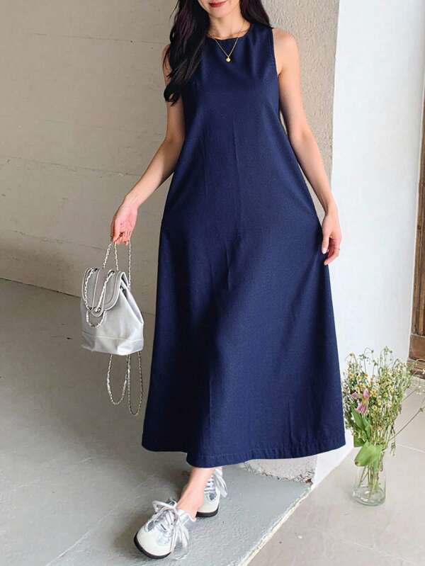 Teenager Mädchen Sommer marineblau einfarbiges ausgewaschenes Denimkleid ohne Ärmel mit Taschen, langer Maxi-Stil, Outfit für Schulbeginn, süß, Familienausflug Outdoor im Frühling, Alltagskleidung, geeignet für verschiedene Anlässe