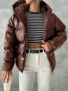 EURMUSE Women Solid Color Long Sleeve Zipper Collar Hoodie Jacket, Winter - Chocolate Brown - View 5