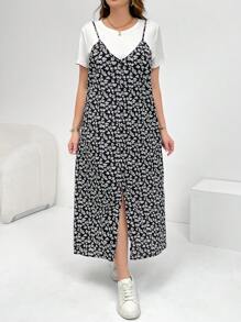 SHEIN Essnce 大码女式夏季两件套、连衣裙套装、短袖两件套、碎花连衣裙套装、狂欢装扮节日飘逸连衣裙度假两件套、2 件夏季服装 - 白色 - 查看 7