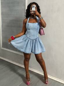 BamGleam 女士休闲性感牛仔连衣裙 - 藍色 - 查看 5