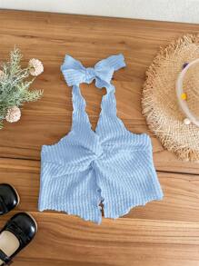 SHEIN LMoss Kids Atasan Camisole Rajut Warna Polos Kasual Modis untuk Anak Perempuan - Biru - View 3