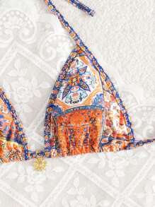 Sweetra Sweetro Summer Vacation Random Print Gold Sun Accessory Halter Triangle Cup Sexy Bikini Top - Multicolor - View 1