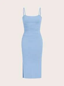 SHEIN EZwear 2pcs Women's Summer Knit Bodycon Camisole Dresses - Blue - View 7