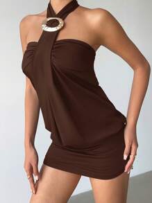 Aloruh 女士 Y2K 前卫性感紧身露肩迷你连衣裙，金属纽扣装饰，热卖 - 棕色 - 查看 8
