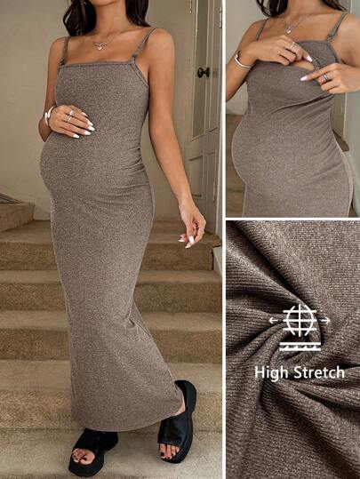 SHEIN Maternity Nursing Dress Solid Color Ruched Maternity Nursing Cami Midi Dress For Pregnant Women