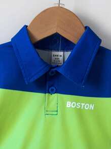 2pcs/Set Toddler Boys Blue Summer Casual Beach Clothes,Letter Print Color Block Striped Short Sleeve Polo Shirt And Cargo Shorts Set,Infant 6M-3T - Multicolor - View 4