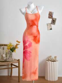 SHEIN 少女时尚夏季度假大号花卉印花吊带裙 - 彩色 - 查看 1