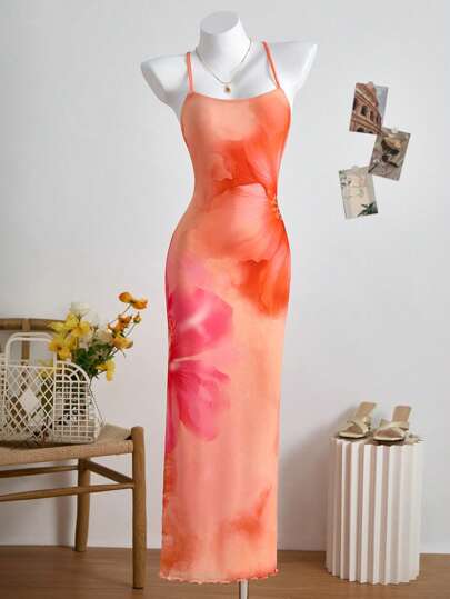 SHEIN Teen Girls Fashionable Summer Vacation Large Floral Print Slip Dress