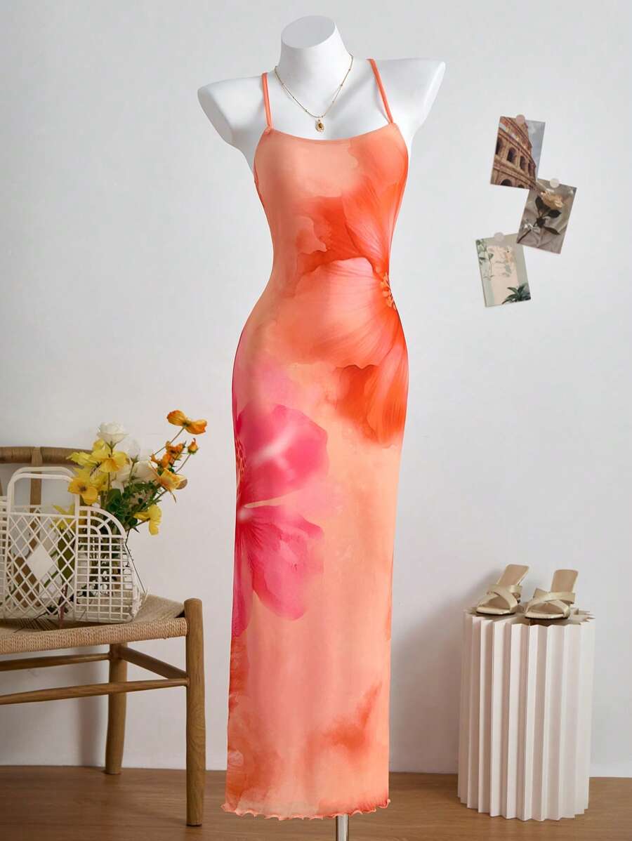 SHEIN 少女时尚夏季度假大号花卉印花吊带裙 - 彩色 - 查看 1