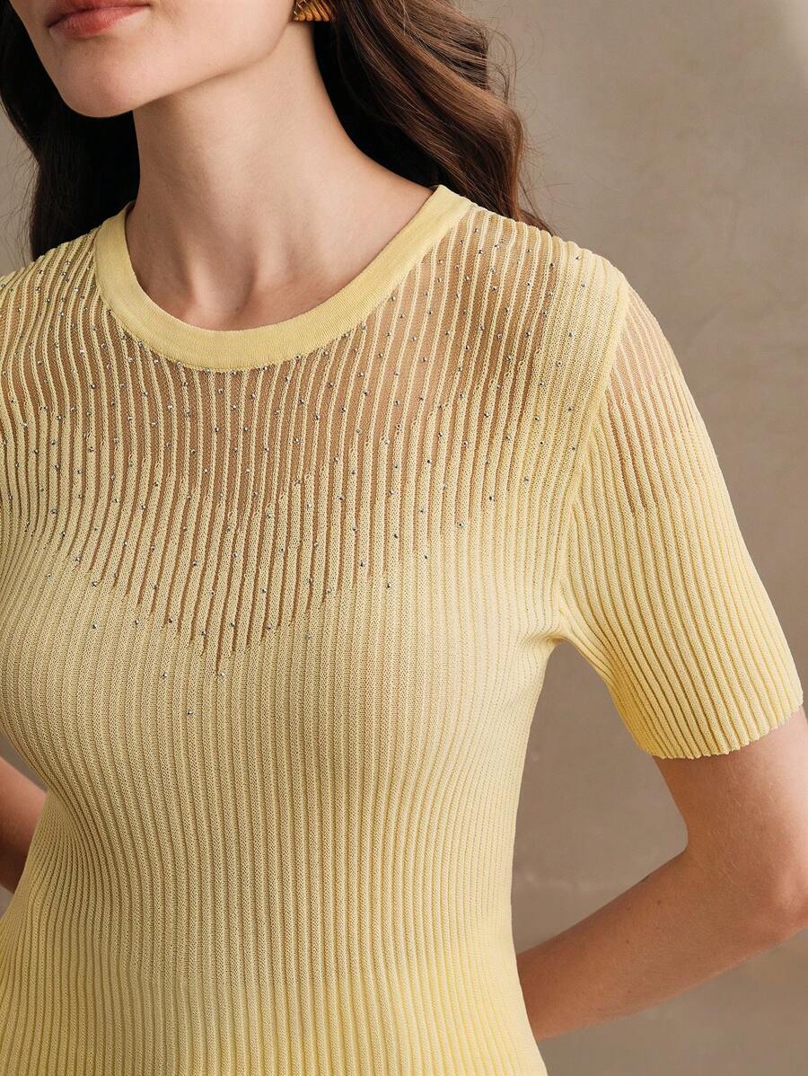 Anewsta Women's Elegant Luxury Rhinestone Sheer Short Sleeve Knitted Top/T-Shirt/Blouse, Butter Yellow