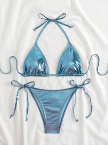 SHEIN Swim Vcay Bộ bikini hở lưng màu trơn - Màu xanh lam - Xem 4