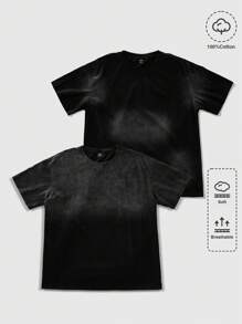 ROMWE MEN Casual 2 件男士休闲大理石图案印花 T 恤，设计 - 黑色 - 查看 5