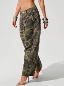 Denimoi 女式休闲水洗迷彩喇叭牛仔裤