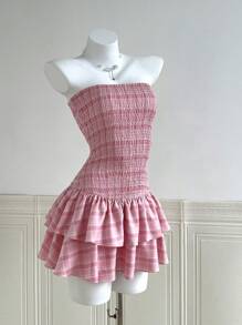 Breezaya Holiday Styled Pleated Sleeveless Shirred Waist Flared Hem Plaid Mini Dress For Women