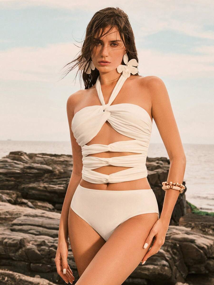 Elaire 2pcs/Set Women's Summer Beach Holiday Solid Color High End Knotted Cold Shoulder Tankini Swimsuit Set, Quality White - White - View 1
