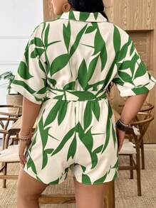 SHEIN LUNE Große Größen Jumpsuit für Damen, lässig, gewebt, mit Bindetaille, Muster, locker geschnitten, Mehrfarbig, Sommer - Verschiedenfarbig - View 2