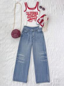 Attitoon Women Simple Casual Denim Jeans,Going Out,2000s Style,Y2k,Baggy Pants,Low Rise Jeans,Wide Leg Pants Woman,Airport,Baggy Jeans Women, Back To School - Medium Wash - View 2