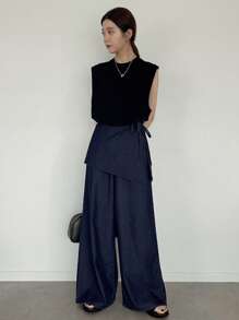 FRIFUL Pantalones rectos con volante desmontable en azul oscuro lavado con set casual y versátil de 2 piezas, ideal para usar en el aeropuerto y de vacaciones