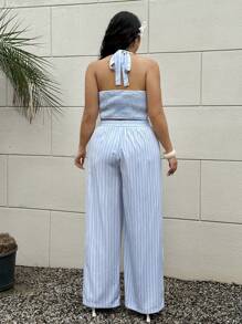 POPSWAY 2pcs/Set Fashionable Spaghetti Strap Backless Cami Top And Loose Straight Long Pants Suit - Baby Blue - View 3