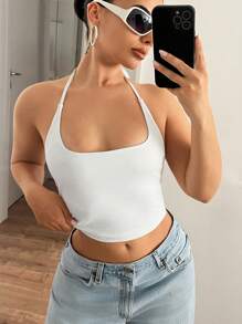 SHEIN ICON Áo ba lỗ cổ yếm màu trơn cho nữ - trắng - Xem 3