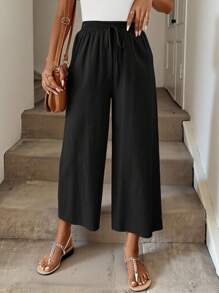 SHEIN LUNE Linen Casual Khaki Cropped Pants,Autumn Work Trousers For Women - Black - View 7