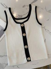 女式金属纽扣设计方领无袖休闲针织上衣 - 黑與白 - 查看 4