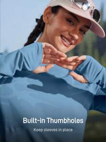 In My Nature 瑜伽普拉提运动健身跑步训练高弹力透气网眼拼接紫色开拇指孔夏季女式户外T恤徒步女装 - 藍色 - 查看 4