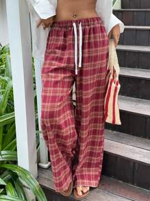 CovetEZ 女士酒红色撞色格纹休闲舒适家居裤 - 酒紅色 - 查看 3