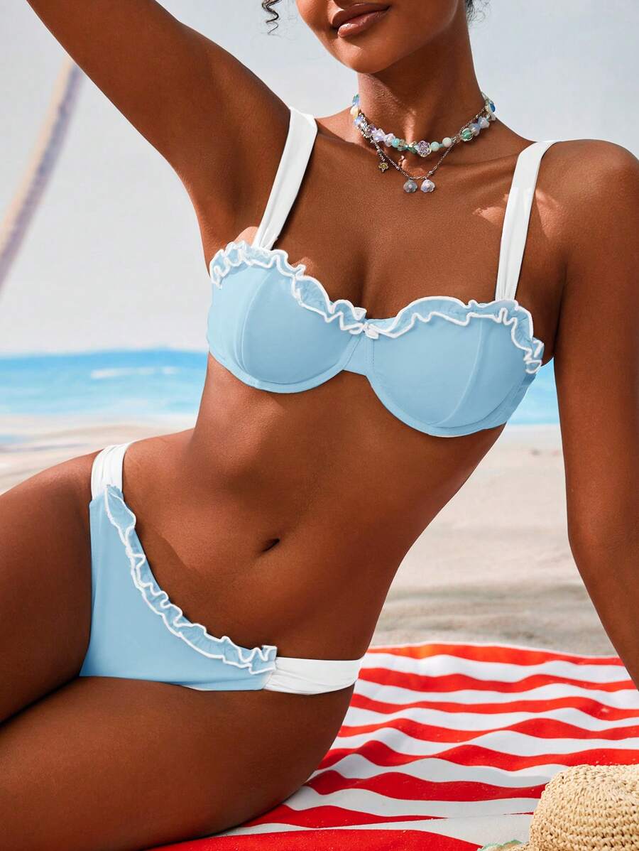 Swim Mod 2pcs Set Women's Fresh Sweet Ruffle Edge Bikini Top And Triangle Bottoms For Summer Beach Vacation - Baby Blue - View 1