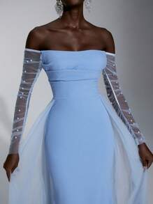 Elitara Elegant Luxurious Bubble Bead Detachable Tulle Long Sleeve Jacket & Ruched Mermaid Maxi Skirt With Ruffled Train, Suitable For Weddings, Singles Parties, Vacations, Balls, Bridal Gowns - Baby Blue - View 3