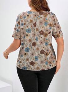 Reflora Plus Size Summer Background Printed Sleeve Double Ruffle Hem Blouse, Elegant Bohemian Boho For Daily Wear, Spring Dinner Office Beige - Multicolor - View 2