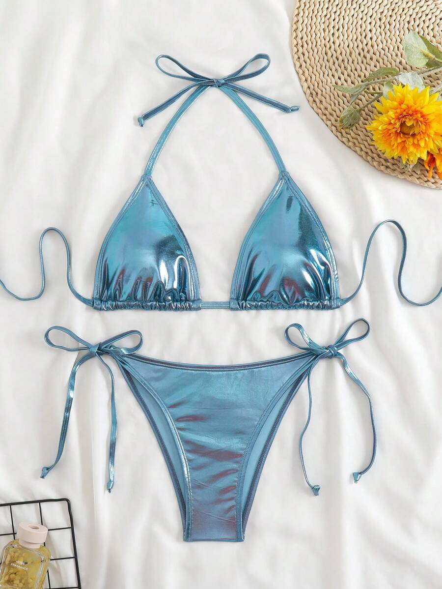 SHEIN Swim Vcay Bộ bikini hở lưng màu trơn - Màu xanh lam - Xem 1