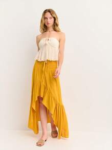 Nöista Flowy High-Low Yellow Skirt With Ruched Waist And Ruffle Trim. Lightweight And Breezy-Perfect For Summer Vibes, São João Festival, Or A 4th Of July. - Yellow - View 6