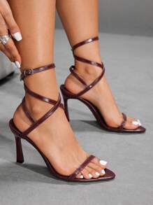 CUCCOO SZL Sandálias de salto alto ajustáveis minimalistas e elegantes femininas cor de vinho, uso casual diário - Borgonha - Ver 5