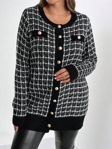 SHEIN Clasi Plus Size Plaid Front Button Casual Cardigan For Autumn & Winter Fall - Black and White - View 4