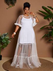 Maweii Plus Size Women Fashion Hollowed-Out See-Through Fabric Round Neck Ruffled Sleeve Multi-Layer Pleated Patchwork Ruffled Loose Dress, Summer - White - View 4