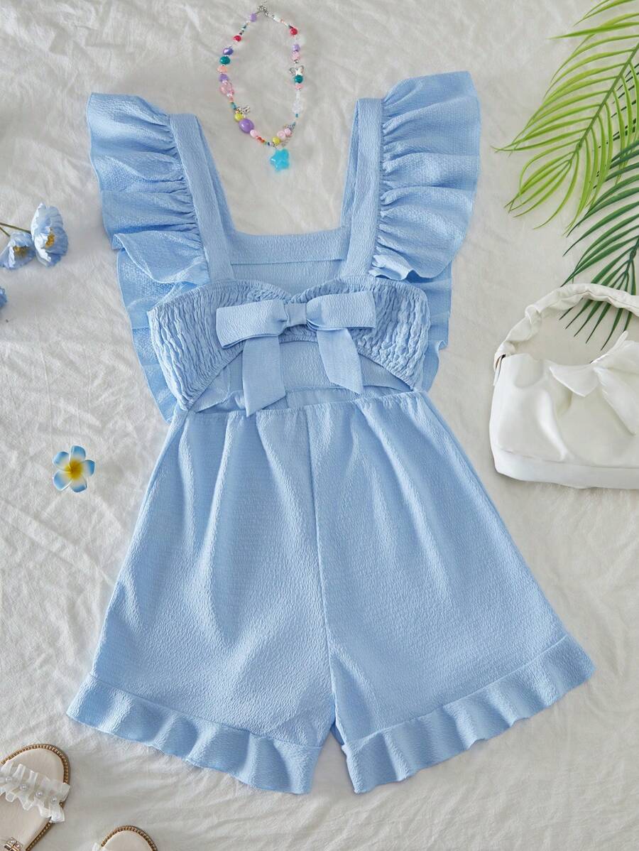 Girls Ruffled Strap Backless Bow Jumpsuit, Comfortable Textured Fabric Leisure Beachwear - Blue - View 1