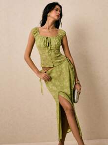 Poéselle 女士提花面料纽扣门襟绿色上衣浪漫可爱前系带提花设计泡泡袖时尚上衣 - 綠色 - 查看 2