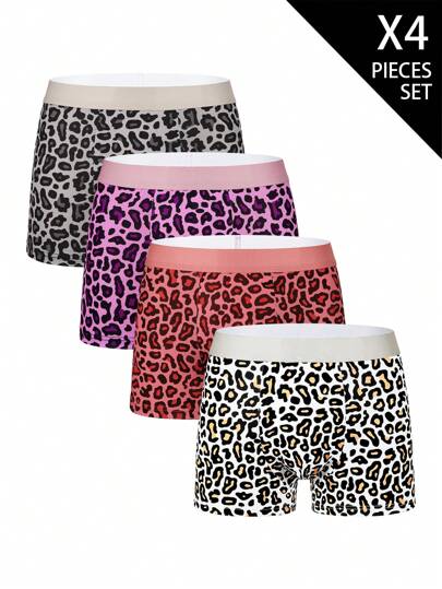 SHEIN 4pcs Leopard Print Elastic Waist Boxer Briefs For Men Multipack Underwear
