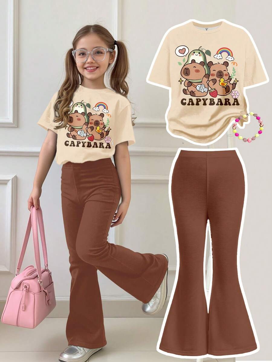 SHEIN Leap Crew 2pcs Tween Girls Casual Loose Capybara Print Short Sleeve T-Shirt & Flare Pants Set, Suitable For Summer