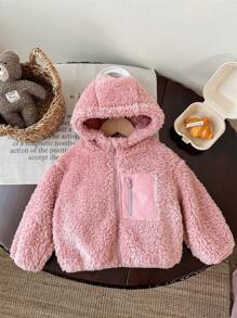 SHEIN Babygirl Cute Casual Versatile Pink Fluffy Hooded Jacket, Autumn/Winter Baby Girl Pink Jacket Baby Girl Winter Jacket Toddler Girl Fuzzy Jacket Pink Teddy Bear Jacket Baby Sherpa Jacket Fall - Multicolor - View 1